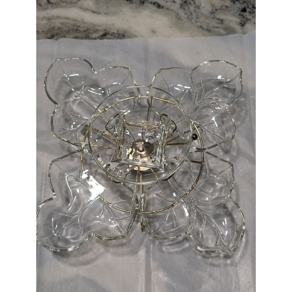 Mid Century Style Lazy Susan Relish Set 4 Leaf Glass Bowls Center Bowl